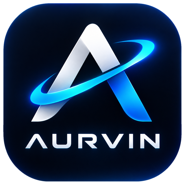 Logo Aurvin: una A stilizzata attraversata da un'orbita luminosa